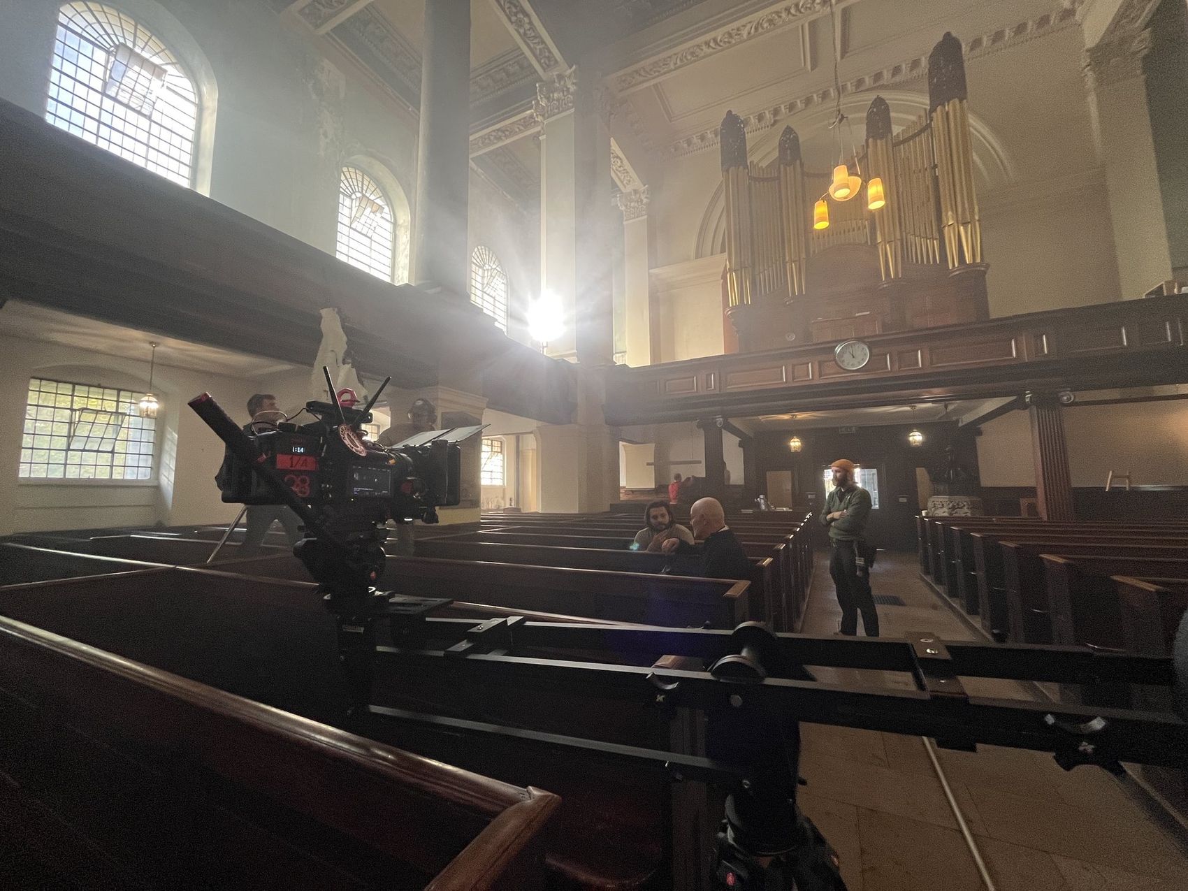 Church interior lit with haze for a scene