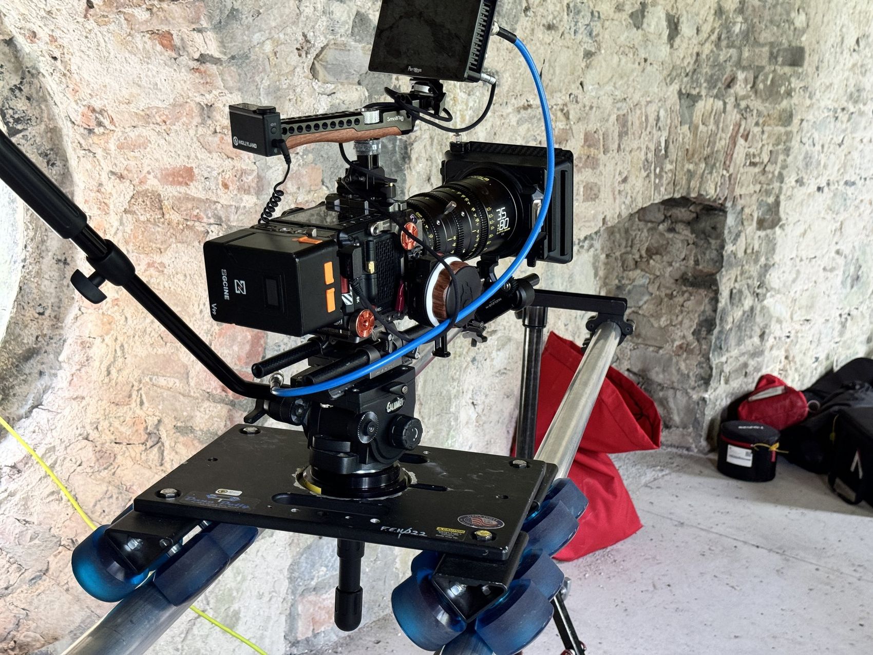 Cinema camera and prime lens on a dolly