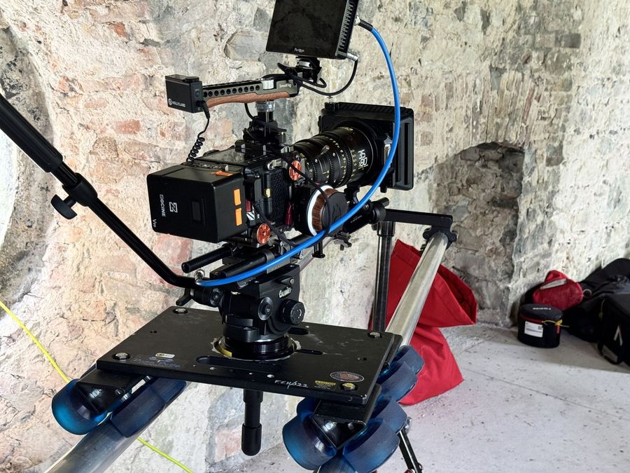 Cinema camera and prime lens on a dolly